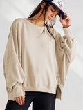 Slit Round Neck Dropped Shoulder T-Shirt - Flyclothing LLC