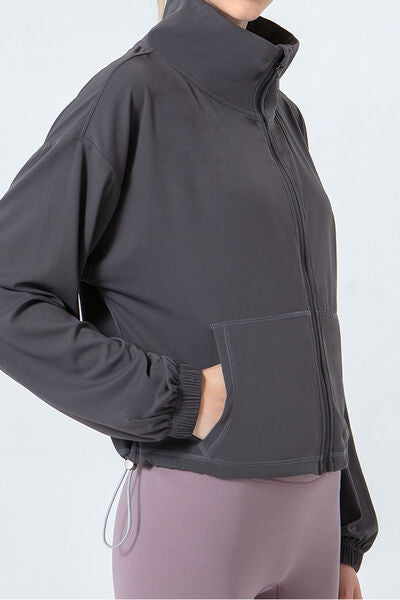 Drawstring Zip Up Dropped Shoulder Active Outerwear - Flyclothing LLC