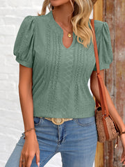 Eyelet Notched Puff Sleeve T-Shirt - Flyclothing LLC