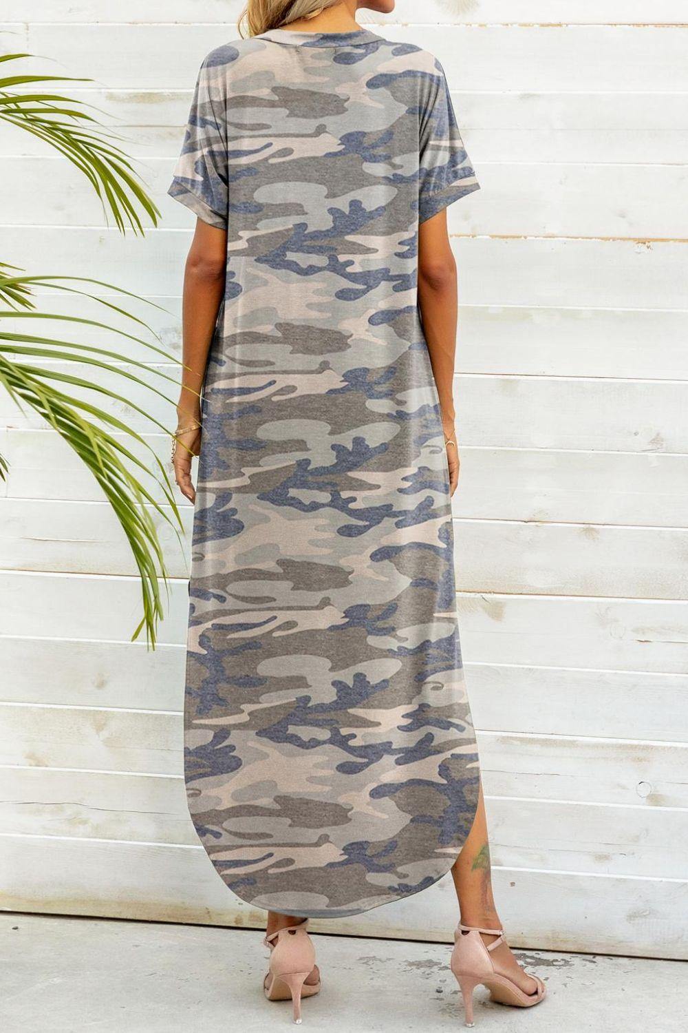 Printed V-Neck Curved Hem Dress - Flyclothing LLC