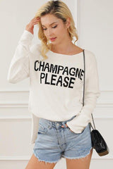 CHAMPAGNE PLEASE Long Sleeve Slit Sweater - Trendsi