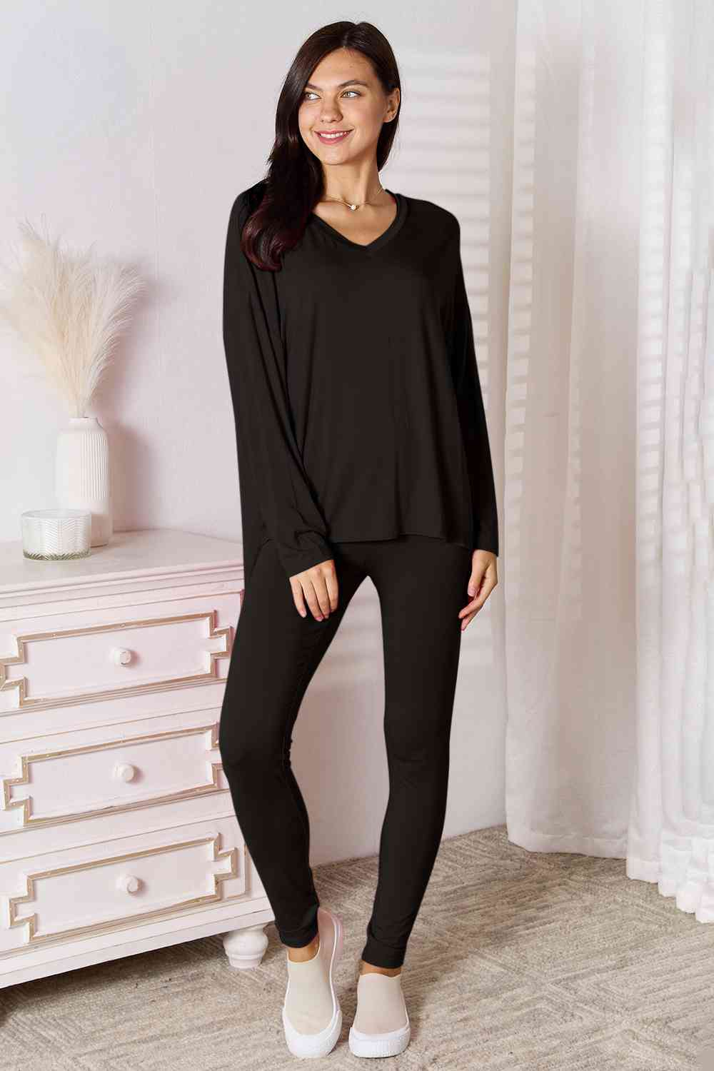 Basic Bae Full Size V-Neck Soft Rayon Long Sleeve Top and Pants Lounge Set - Flyclothing LLC