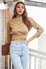 Openwork Plaid Round Neck Cropped Sweater - Flyclothing LLC