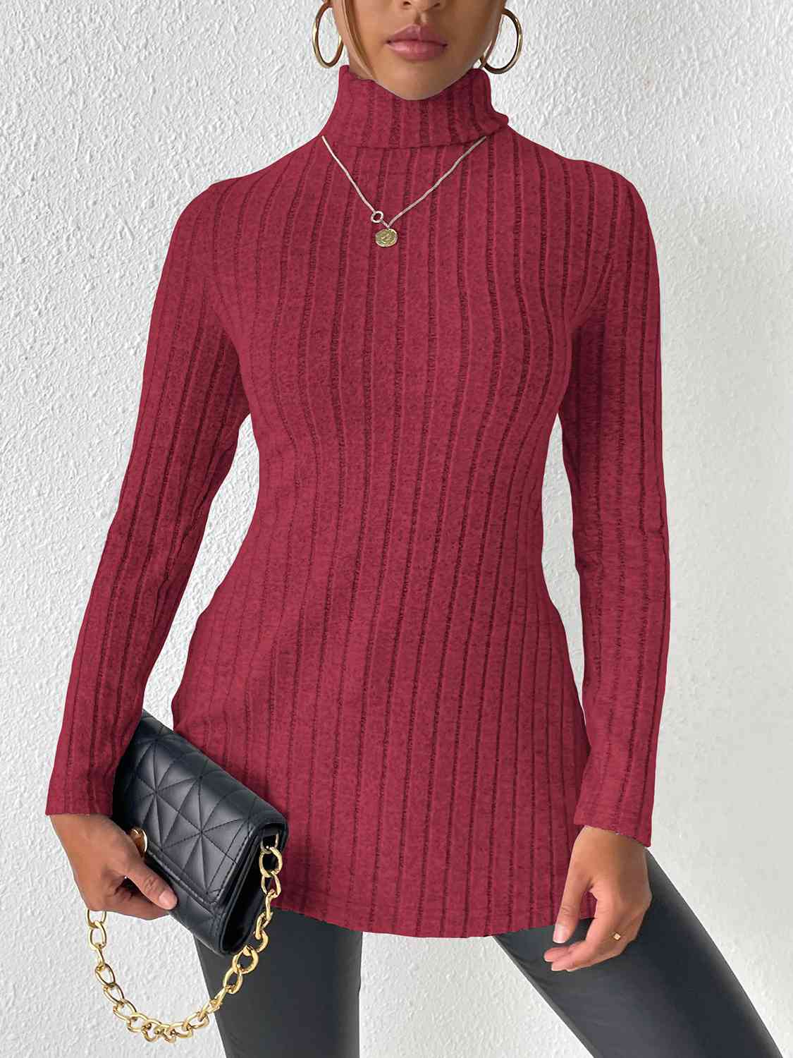 Ribbed Turtleneck Long Sleeve Slit T-Shirt - Flyclothing LLC