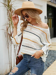 Eyelet Striped Round Neck Knit Top - Flyclothing LLC