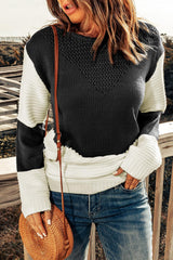 Two-Tone Openwork Rib-Knit Sweater - Flyclothing LLC