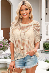 Openwork Round Neck Half Sleeve Knit Top - Flyclothing LLC