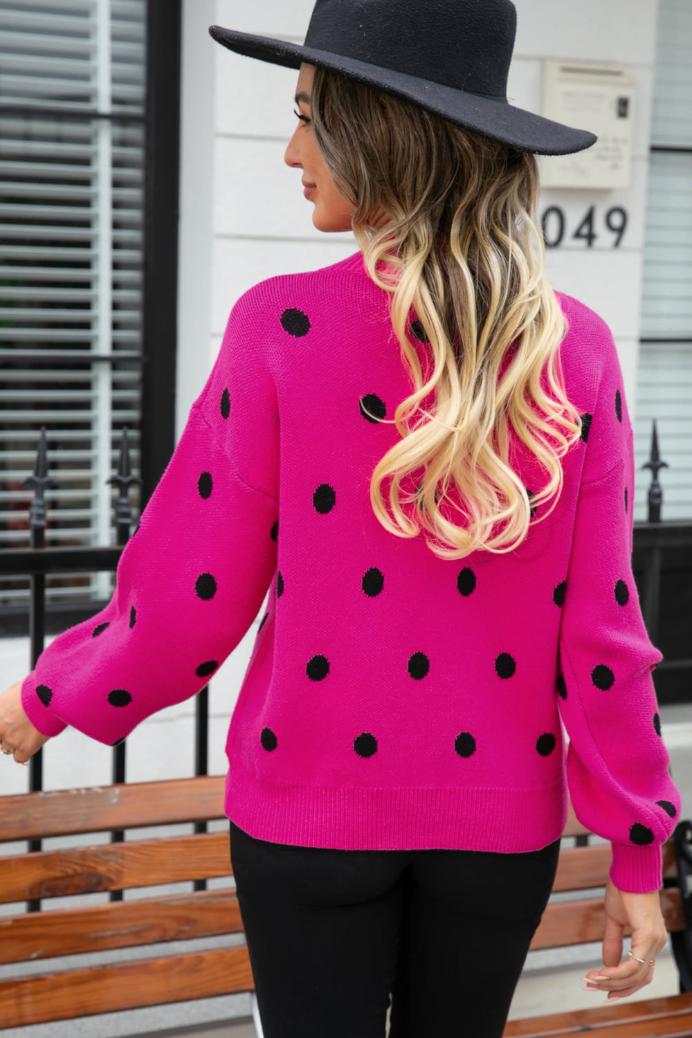 Polka Dot Round Neck Dropped Shoulder Sweater - Flyclothing LLC