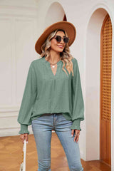 Notched Neck Flounce Sleeve Blouse - Flyclothing LLC