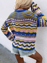 Rainbow Stripe Openwork Flare Sleeve Knit Top - Flyclothing LLC