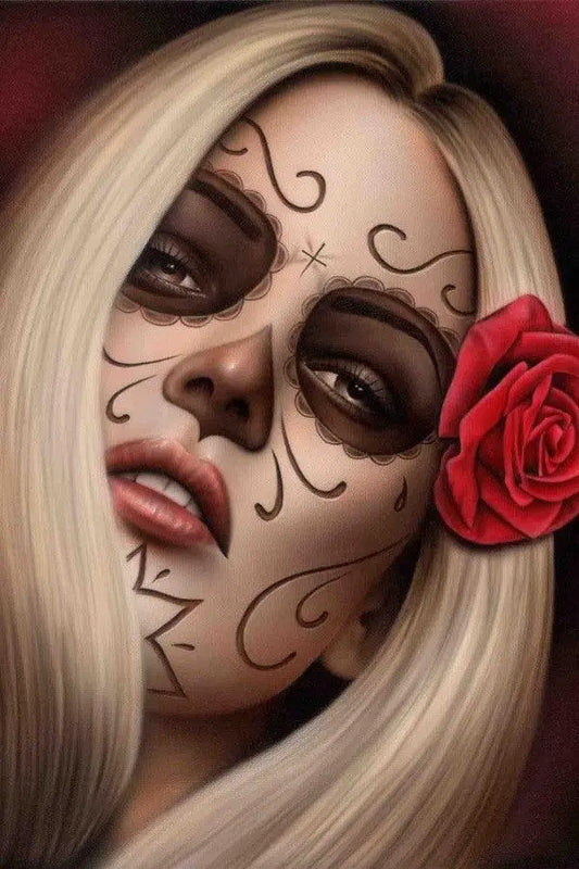a woman with a face painted on her face 
