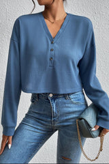 Cropped V-Neck Raglan Sleeve Buttoned Blouse - Flyclothing LLC