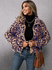 Drawstring Leopard Zip Up Jacket - Trendsi