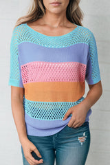 Color Block Openwork Round Neck Pullover Sweater - Flyclothing LLC