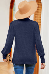 Decorative Button Johnny Collar Lantern Sleeve Blouse - Flyclothing LLC