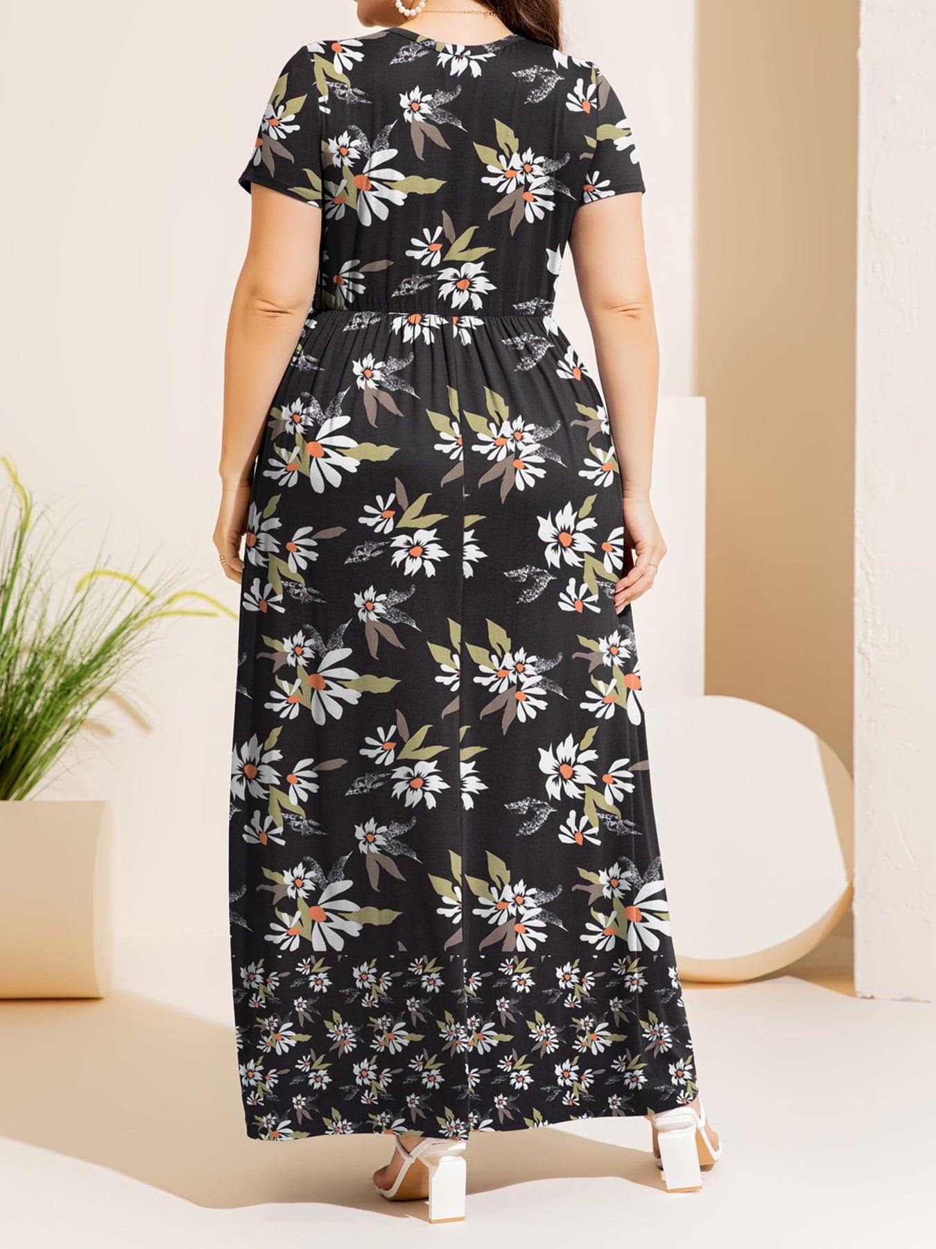 Plus Size Printed Round Neck Short Sleeve Maxi Dress - Flyclothing LLC