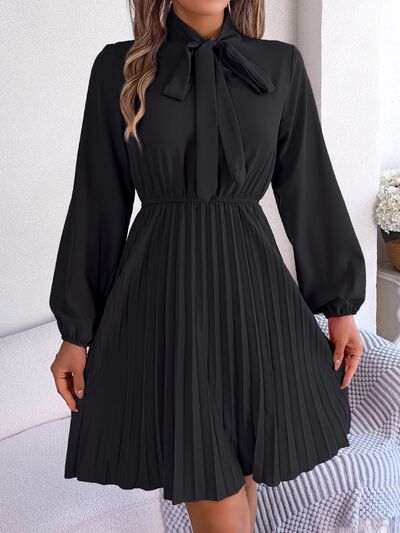 Tie Neck Balloon Sleeve Pleated Dress - Flyclothing LLC