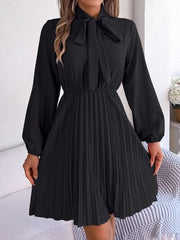 Tie Neck Balloon Sleeve Pleated Dress - Flyclothing LLC