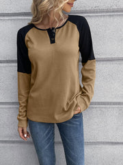 Contrast Buttoned Round Neck Raglan Sleeve Top - Flyclothing LLC