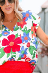 Floral V-Neck Short Sleeve Top - Flyclothing LLC