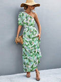 Printed Tie Waist One Shoulder Maxi Dress - Flyclothing LLC