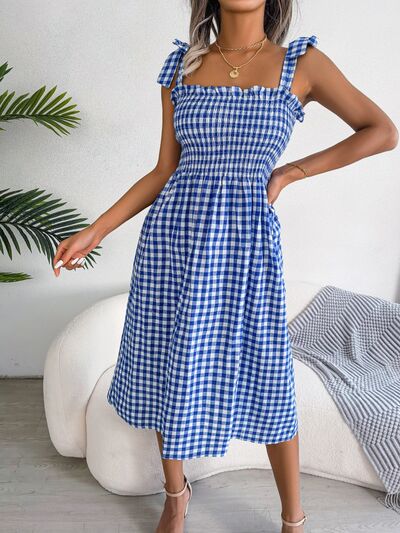 Frill Plaid Square Neck Midi Dress - Flyclothing LLC