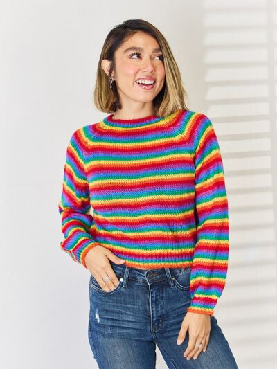 Striped Round Neck Long Sleeve Sweater - Flyclothing LLC