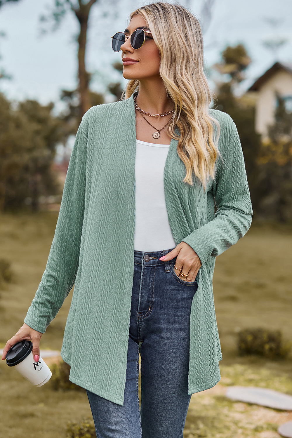 Textured Open Front Long Sleeve Cardigan - Flyclothing LLC