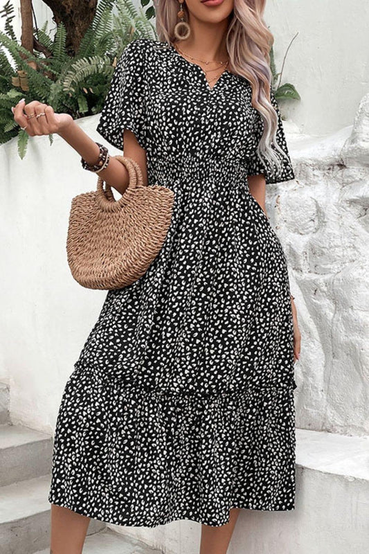 Leopard Print Short Sleeve Midi Dress - Trendsi