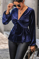 Twisted Layered Plunge Raglan Sleeve Blouse - Flyclothing LLC