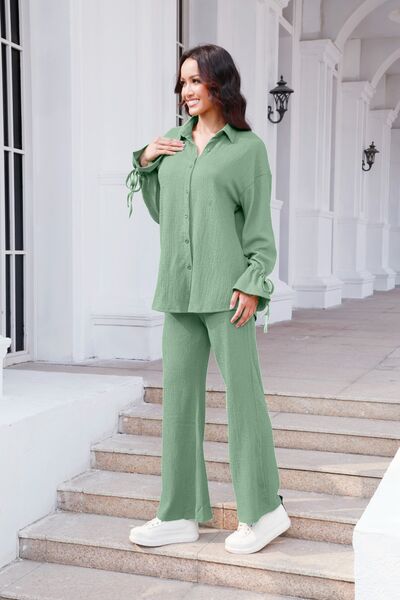 Drawstring Flounce Sleeve Shirt and Pants Set - Flyclothing LLC