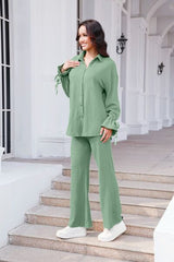 Drawstring Flounce Sleeve Shirt and Pants Set - Flyclothing LLC