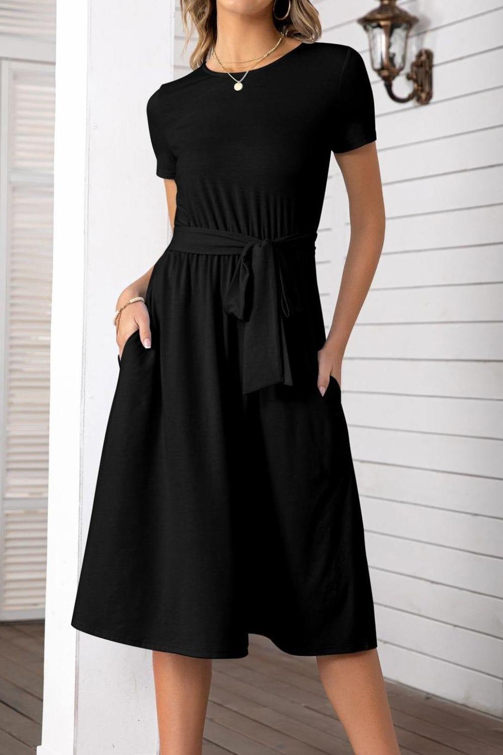 Belted Tee Dress With Pockets - Trendsi