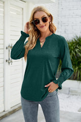 Heathered Flounce Sleeve Curved Hem Top - Trendsi