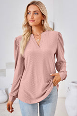 Ruched Notched Long Sleeve T-Shirt - Flyclothing LLC