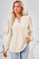 Ruched Notched Long Sleeve T-Shirt - Flyclothing LLC