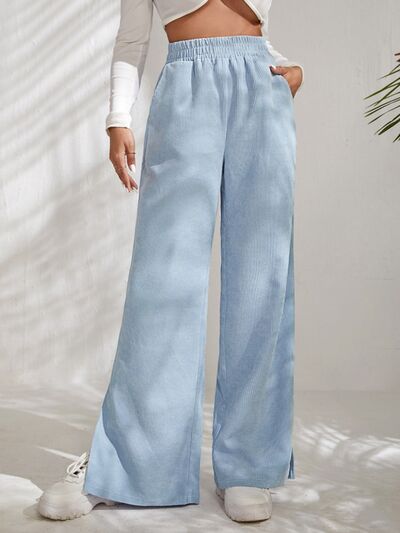 Slit Pocketed High Waist Wide Leg Pants - Flyclothing LLC