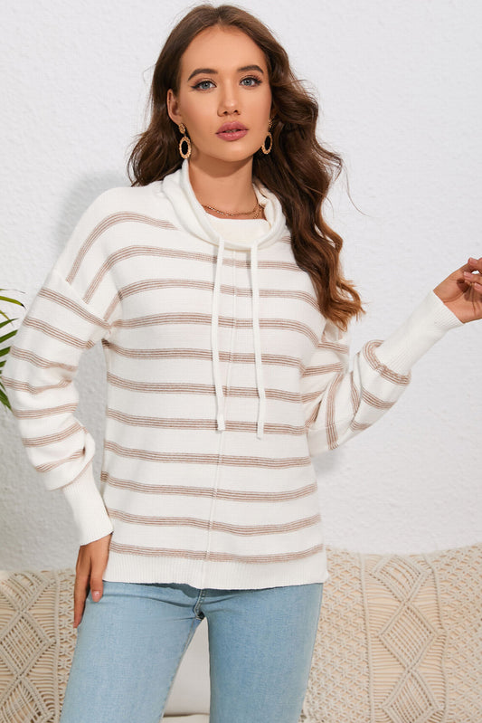 Cowl Neck Drastring Dropped Shoudler Striped Print Blouse - Flyclothing LLC