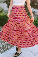 Geometric Elastic Waist Tiered Skirt - Flyclothing LLC