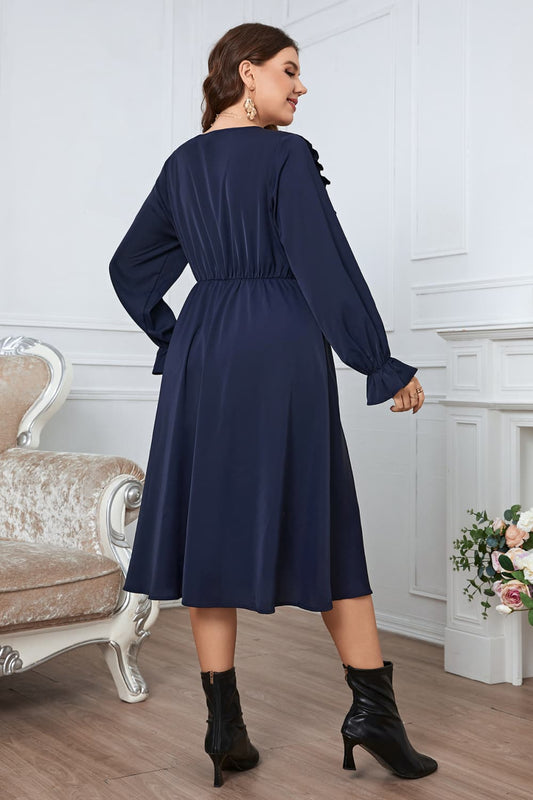 Plus Size V-Neck Buttoned Flounce Sleeve Dress - Flyclothing LLC