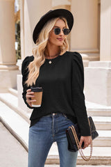 Round Neck Puff Sleeve Blouse - Flyclothing LLC