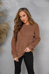 Dropped Shoulder Round Neck Fuzzy Sweater - Flyclothing LLC