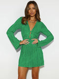 Tied Plunge Flare Sleeve Mini Dress - Flyclothing LLC