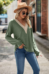 Contrast Trim V-Neck Dropped Shoulder Top - Trendsi