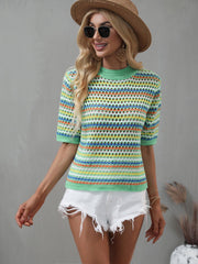 Striped Openwork Half Sleeve Knit Top - Flyclothing LLC