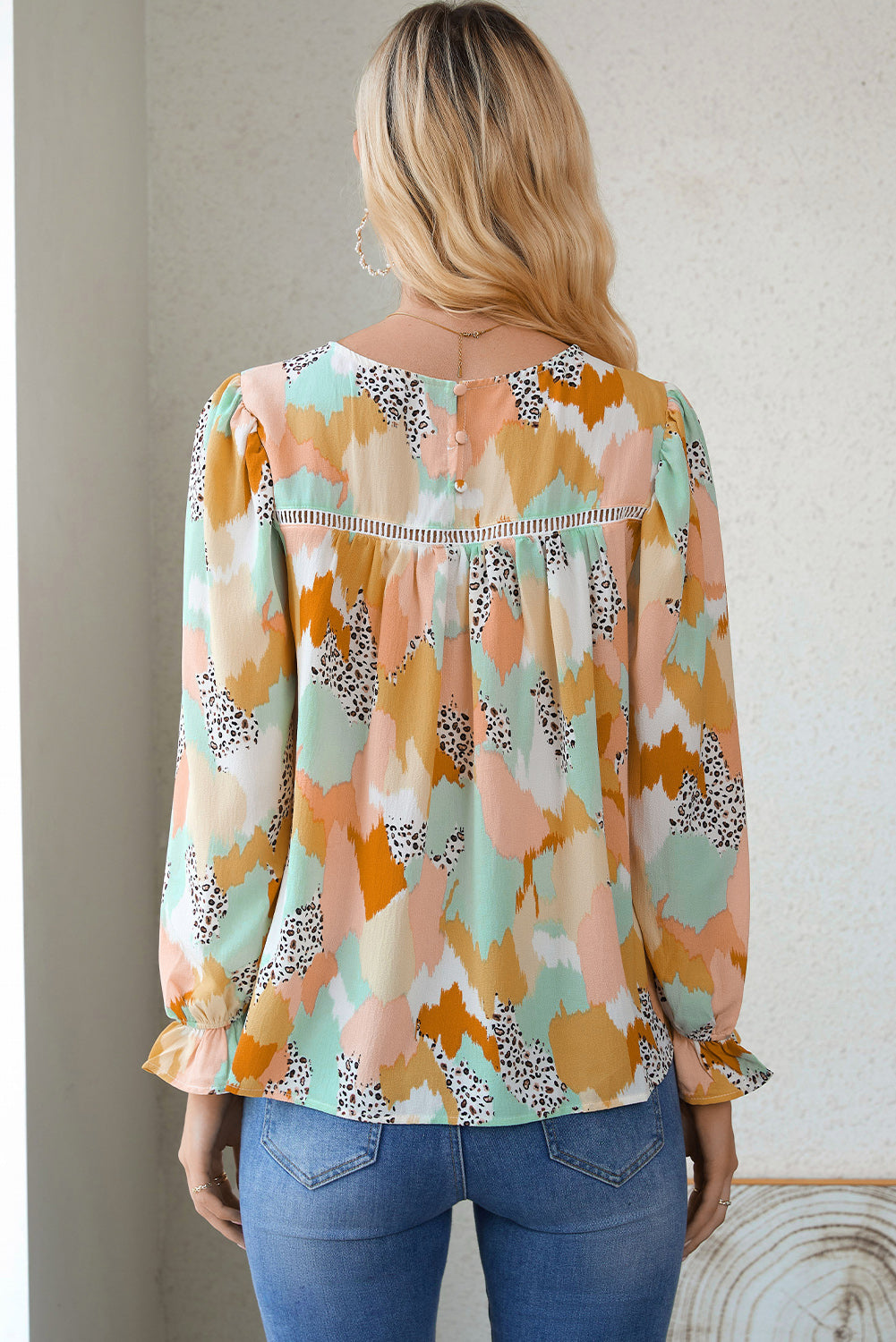 Printed Flounce Sleeve Buttoned Blouse - Flyclothing LLC