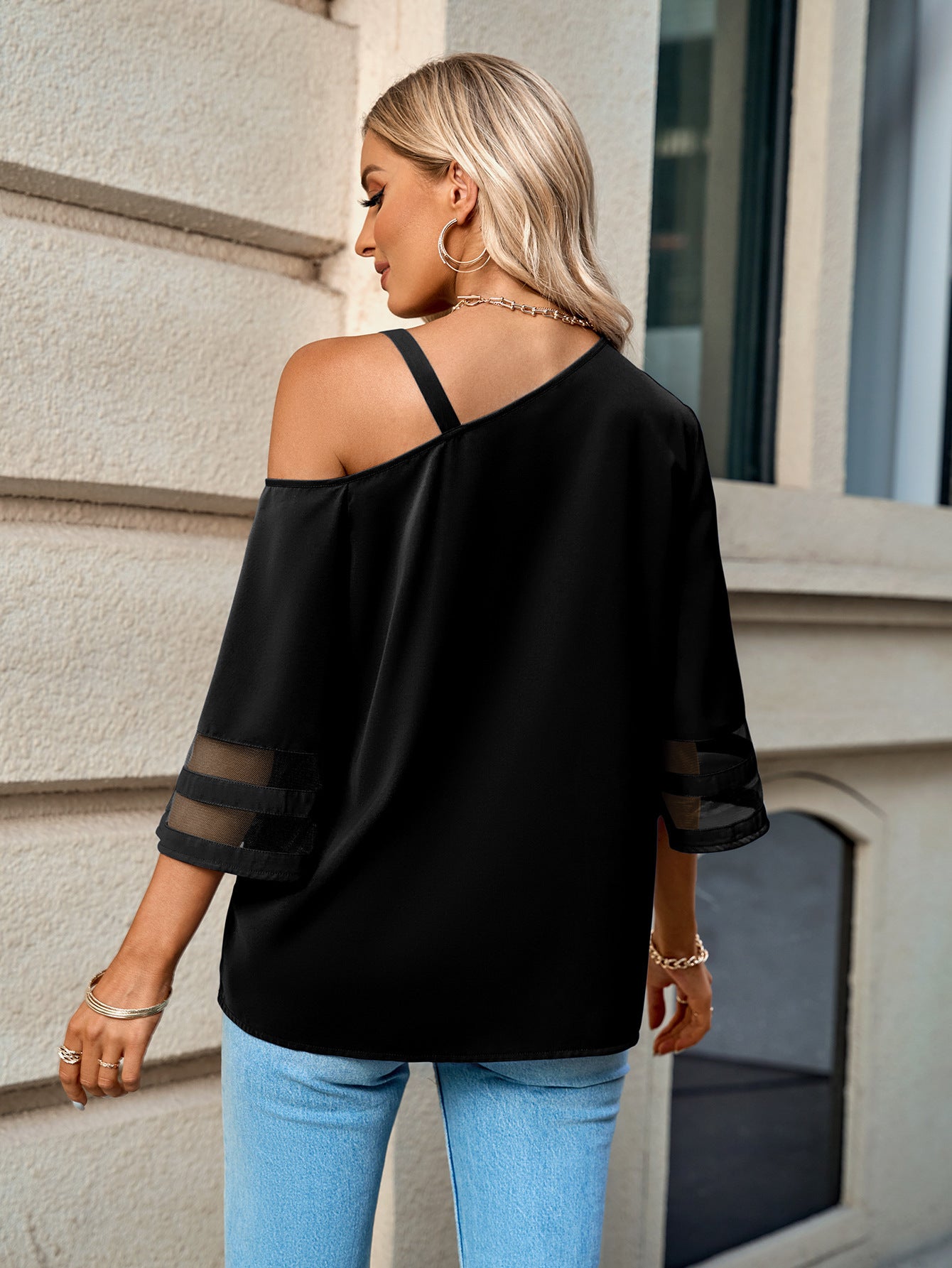 Asymmetrical Neck Sheer Striped Flare Sleeve Blouse - Flyclothing LLC