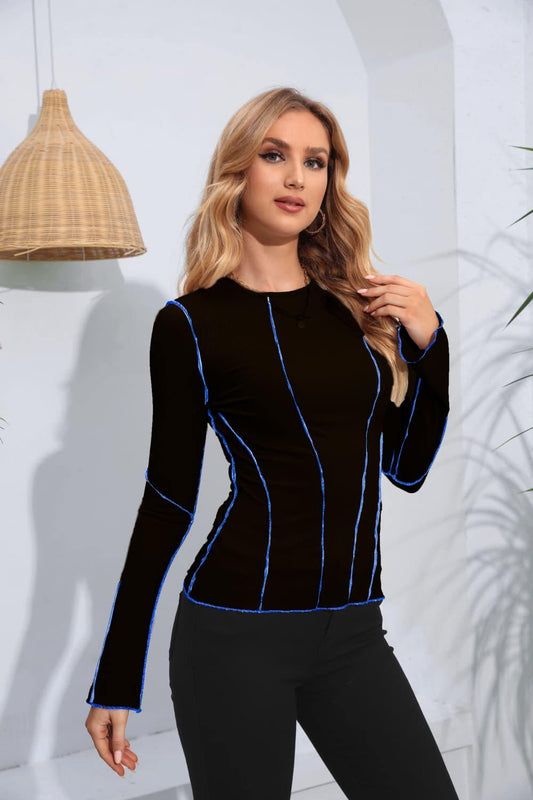 Ribbed Round Neck Long Sleeve Blouse - Flyclothing LLC