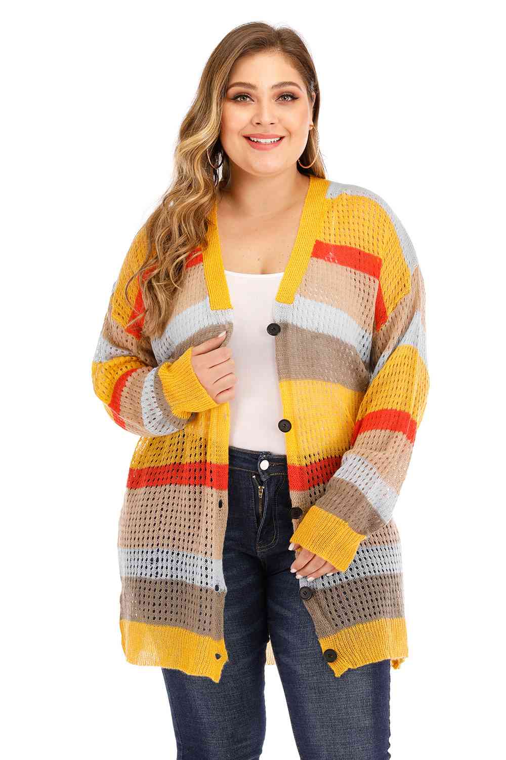 Plus Openwork Color Block Button Up Cardigan - Flyclothing LLC