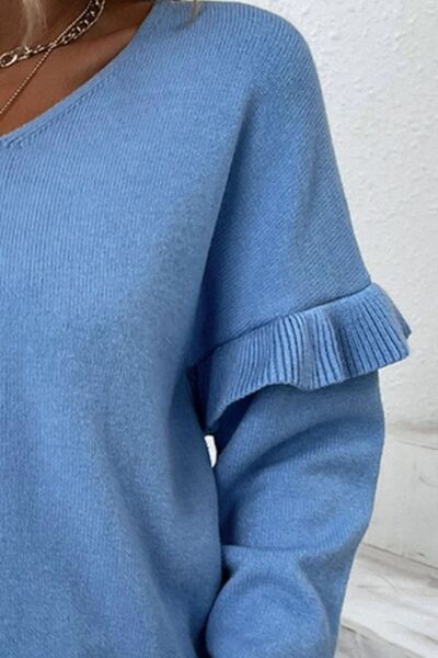 V-Neck Ruffle Trim Long Sleeve Sweater - Flyclothing LLC